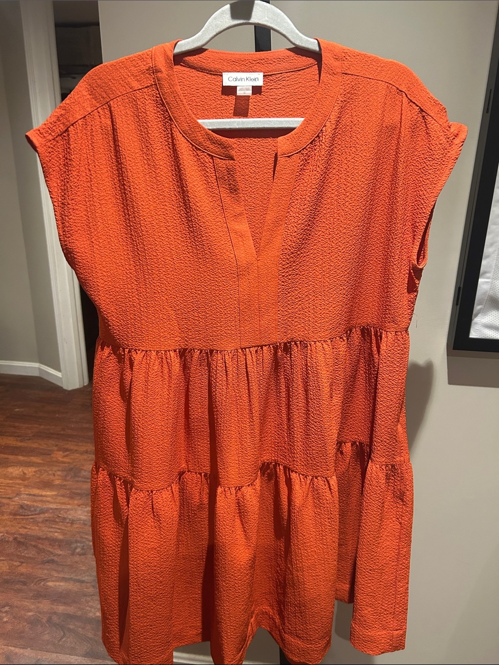 Calvin Klein Bright Orange Tiered Short Sleeve Dress